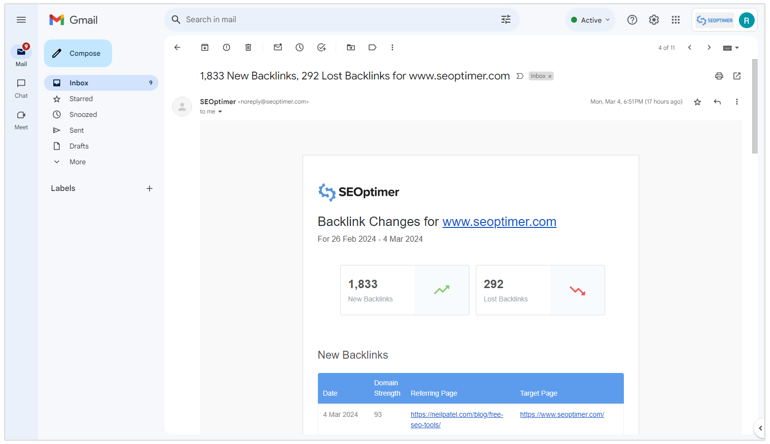 email summary of backlink changes